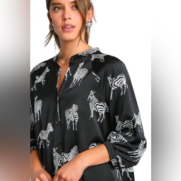 Black Satin Zebra Print Button Down High Low Hen Midi Dress - Picture 3 of 7